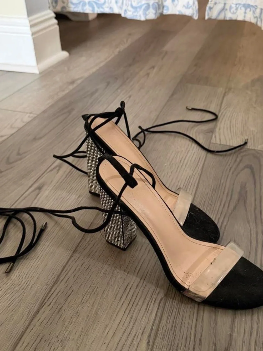 Women's Black Lace-Up Block Heel Sandals with Rhinestone Heel